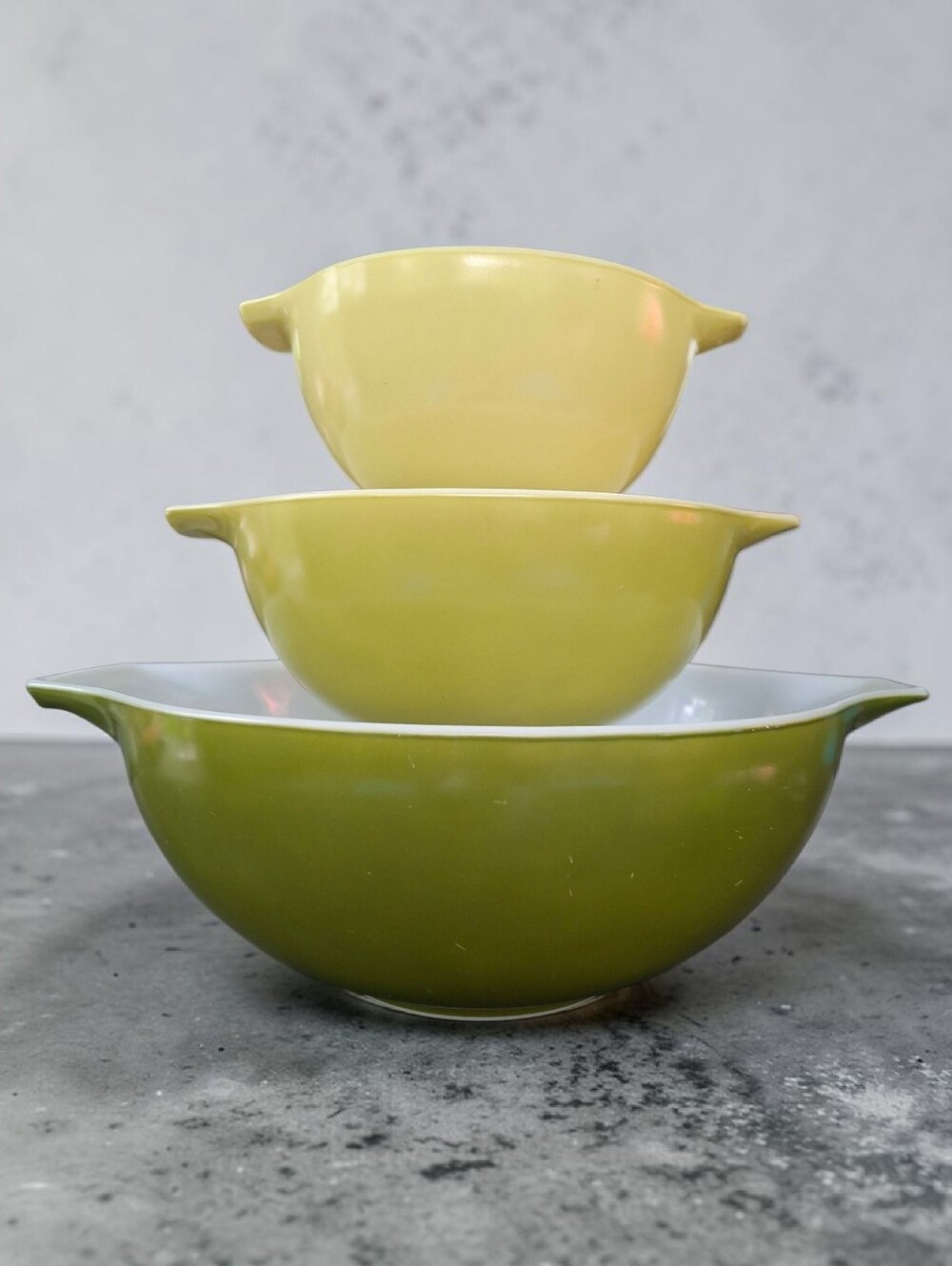 Vintage Set Of 3 Pyrex Olive Green Yellow Ceramic Serving Bowl - Home Dining